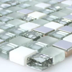 Glas Edelstahl Naturstein Mosaik Fliesen Weiss Silber