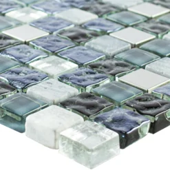 Glas Naturstein Edelstahl Mosaik Dysart Grau Blau Silber