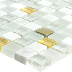 Glas Naturstein Mosaikfliese Maryot Weiss Gold