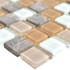 Glas Naturstein Mosaikfliesen Zekova Beige Braun Weiß