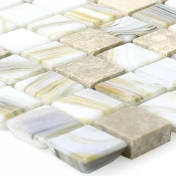 Glas Perlmutt Naturstein Mosaikfliesen Fokus Beige