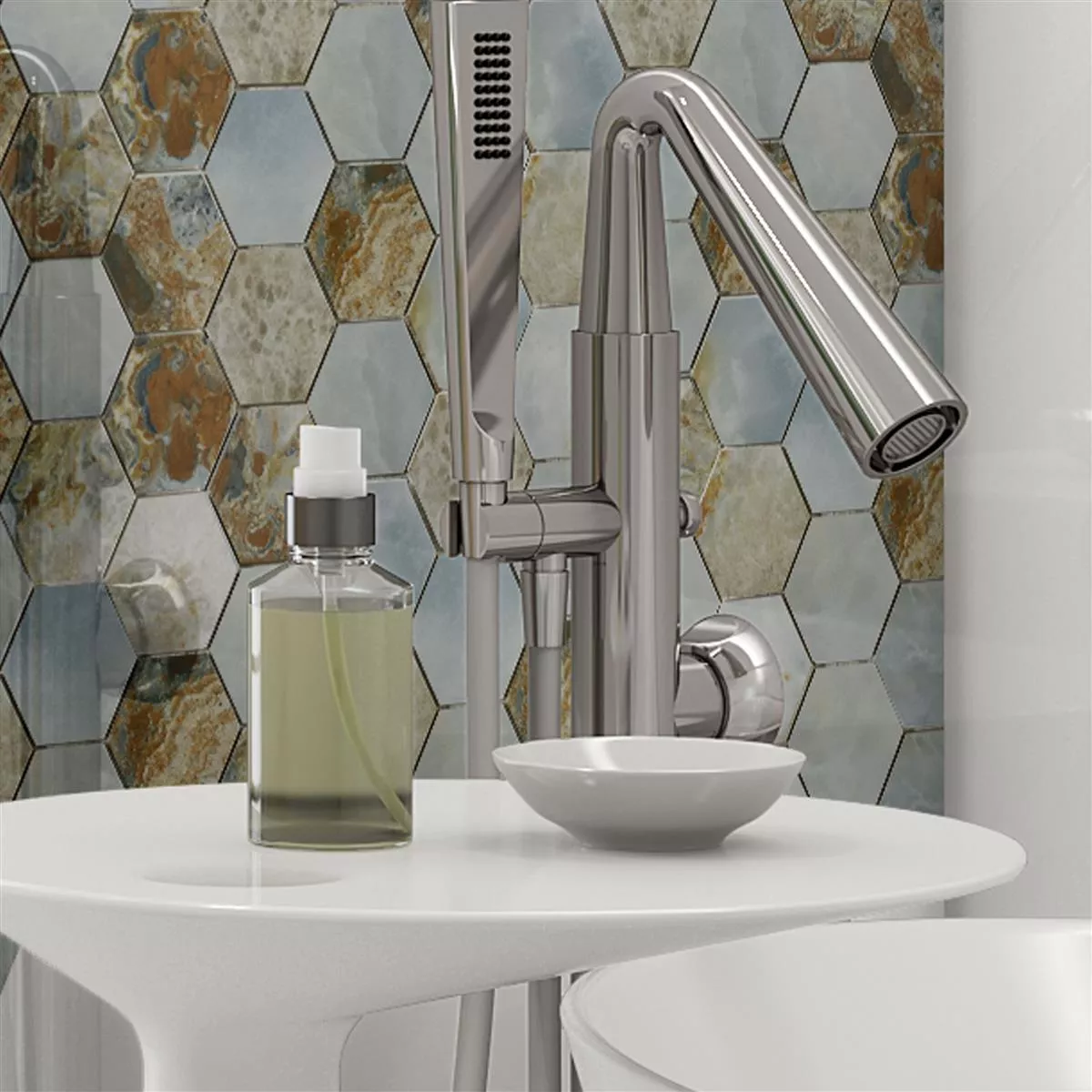 Keramikmosaik Fliesen Naftalin Hexagon Braun Blau 9 Keramikmosaik Fliesen Naftalin Hexagon Braun Blau – Bild 7
