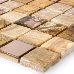 Mosaikfliesen Glas Naturstein Edelstahl Braun Mix
