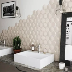 Wandfliesen Rockford 3D Hexagon 12,4x10,7cm Beige -Mosafil Shop wandfliesen rockford 3d hexagon 12 4x10 7cm beige 3 2